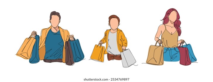 Set continuous one line drawing of people shopping. Men, women, and kid carrying shopping bag. Editable line and colored vector illustration.