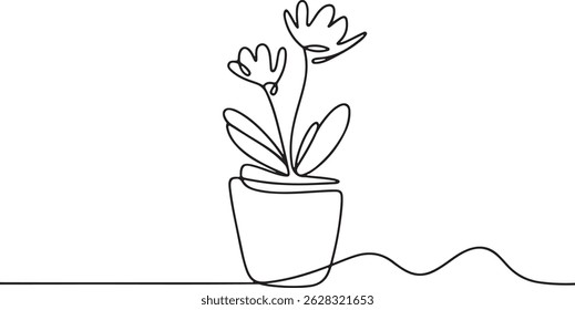 Set of continuous one line drawing of flowers in pots, minimalist black and white floral sketches, elegant botanical vector illustration

