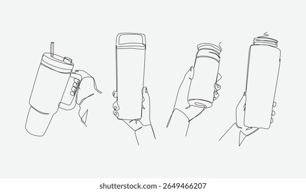 Set continuous one line drawing of hands holding different tumbler. Editable line. Vector illustration.