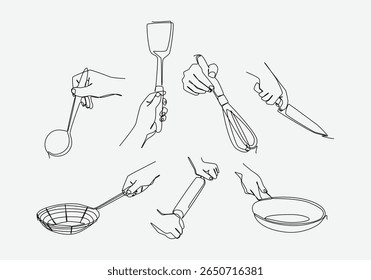 Set continuous one line drawing of hands holding kitchenware. Editable line. Vector illustration.