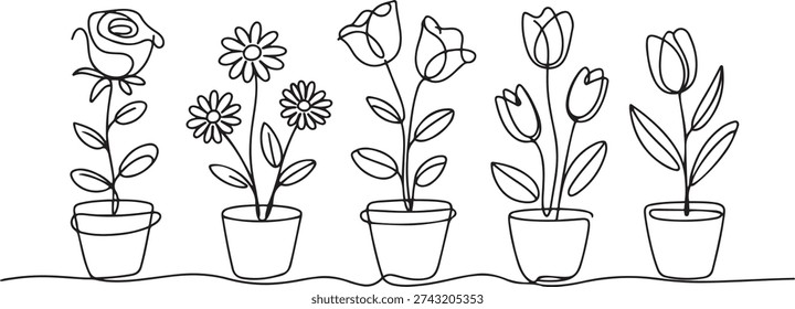 Set of continuous one line drawing of a flowers in a pots. Beautiful flowers isolated on a white background. one line Art icon drawing