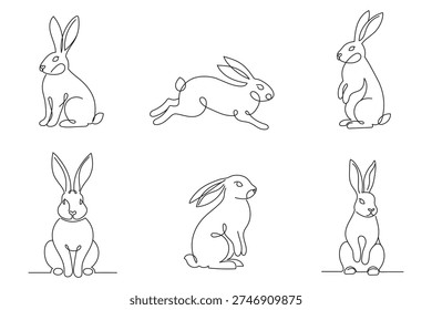 Set continuous one line drawing of Easter bunny fluffy rabbit. Isolated on white background vector illustration.Editable line.