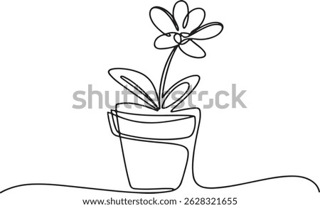 Set of continuous one line drawing of flowers in pots, minimalist black and white floral sketches, elegant botanical vector illustration

