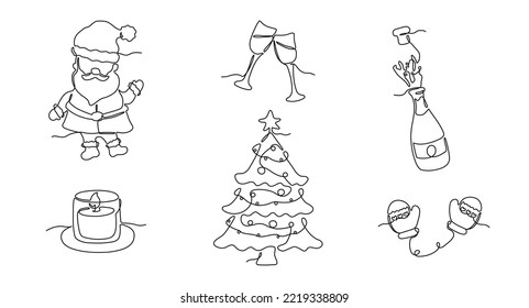 Set of continuous one line drawings of Christmas tree, Santa Claus, mittens, candle, champagne bottle and glasses. Collection of characters and elements for design, greeting card and banner. Vector