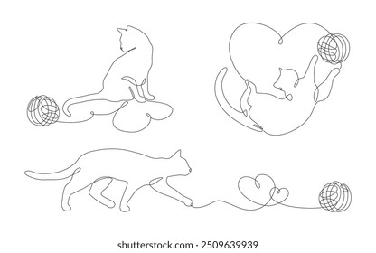 Un conjunto de dibujos continuos de una línea de gatos y bolas de hilo. Siluetas simples de gatos, bolas de hilo y corazones. Trazo editable, Ilustración vectorial lineal. 