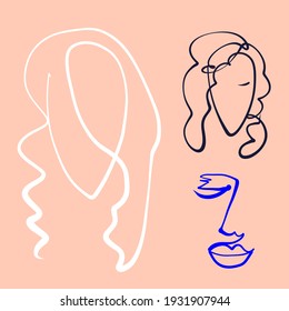 Conjunto de rostros dibujados de una línea continua. Resumen: retrato mínimo de la mujer. La mujer se enfrenta a un dibujo de línea continuo. Retrato de una línea. Cara de cubismo. Colección de ilustraciones faciales de estilo moderno.