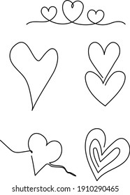 Set of continuous one line hearts. Minimalistic drawing style. Vector illustration.