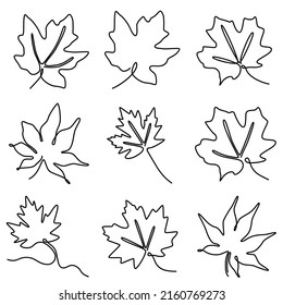 set of continuous one line illustration of maple autumn tree leaf