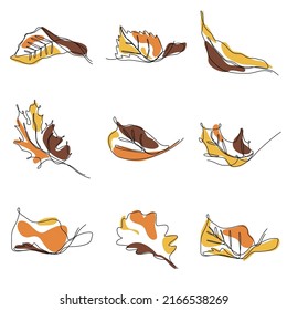 set of continuous one line illustration of autumn tree leaf