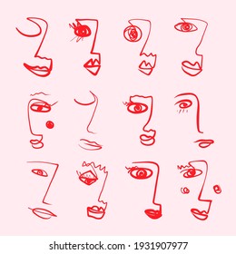 Conjunto de rostros dibujados de una línea continua. Resumen: retrato mínimo de la mujer. La mujer se enfrenta a un dibujo de línea continuo. Retrato de una línea. Cara de cubismo. Colección de ilustraciones faciales de estilo moderno.