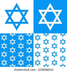 Set Continuous Seamless Linear Pattern Decorative Texture Blue Hexagram Triangle Star of David Judaism Jewish Jew Logo Icon Sign Sigil Symbol Emblem Badge Vector EPS PNG Transparent No Background