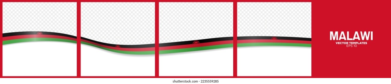 Set of Continuous Social Media Carousel Post Card Template with 3d of Malawi Flag Ribbons, isolated. Malawian Flag Frames square. Fit for cultural designs. Editable Vector Illustration. EPS 10. 