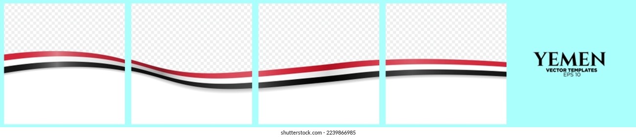 Set of Continuous Social Media Carousel Post Card Template of Yemen Flag Ribbons, isolated. Editable Vector Illustration, EPS 10. Yemeni Flag Frames square. Silk Yemenite Flag Ribbon.