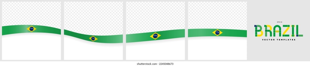Set of Continuous Social Media Carousel Post Card Template of Brazil Flag Ribbons, isolated. Editable Vector Illustration, EPS 10. Brazilian Flag Frames square. 