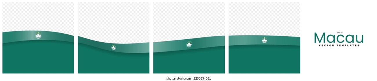 Set of Continuous Social Media Carousel Post Card Template of Macau Flag Ribbons, isolated. Editable Vector Illustration, EPS 10. Macau Flag Frames square. Silk Macau Flag Ribbon.