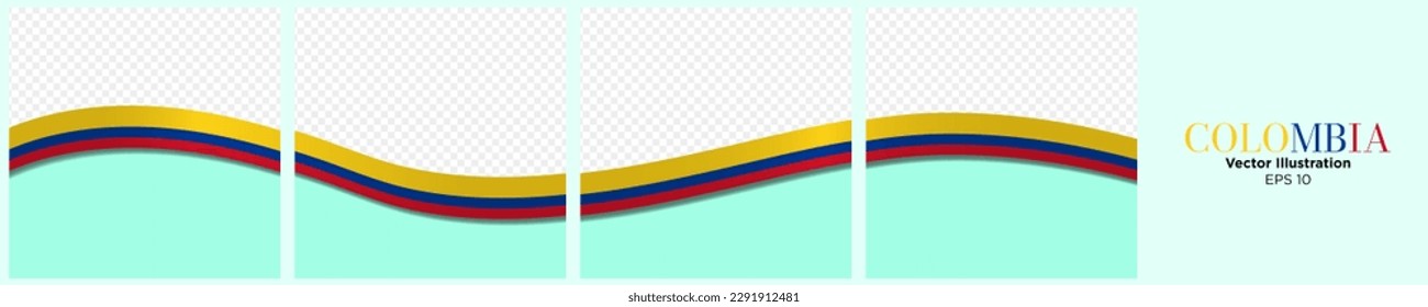 Conjunto de Continuo Modelo de Tarjeta Post Carrusel de Bandera Colombiana, aislado.  Plaza de marcos de bandera de Colombia. Cinta de la Bandera Colombiana de la Seda. Ilustración de vectores editable, EPS 10.