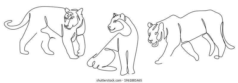 set of continuous tiger line drawings for poster, brochure, banner, invitation card, vector illustration isolated on white background.