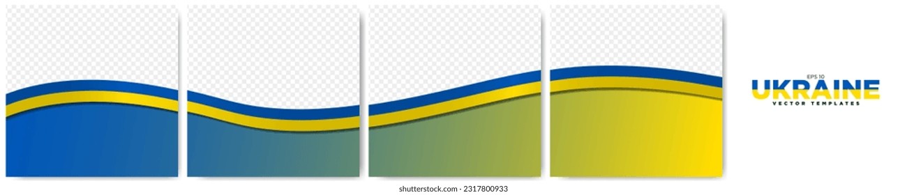 Conjunto de marcos continuos de plantilla de bandera de Ucrania. Conjunto de plantillas de diseño de tarjetas de marca de cinta ucraniana de carrusel. Plantilla de medios sociales con bandera de Ucrania. Ilustración de vectores editable.