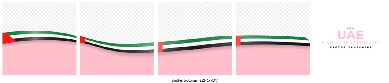 Set of Continuous United Arab Emirates Flag Template Frames. Set of carousel UAE Ribbon Flag card layout templates. Social Media template with flag of UAE. Editable Vector Illustration.