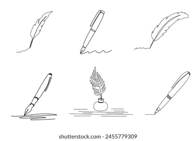 Set of continuous vintage guill pens writing, modern single line drawing graphic design, simple calligraphy vector illustration isolated on the white background