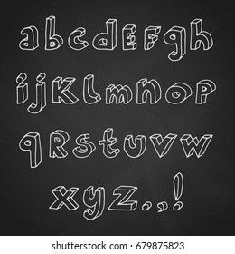 Set of contour 3d hand drawn alphabet letters and punctuation marks. Vector illustration in white over black chalkboard.