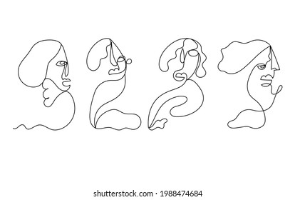 Conjunto de caras abstractas de contorno de personas dibujadas por una línea continua. Dibujo de vectores para logotipo, publicidad, pegatinas