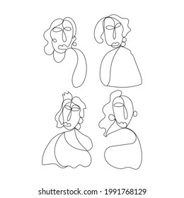 Conjunto de caras abstractas de contorno de personas dibujadas por una línea continua. Dibujo de vectores para logotipo, publicidad, pegatinas
