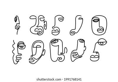 Set of contour abstract faces of people drawn by one continuous line. Vector drawing for logo, advertising, stickers