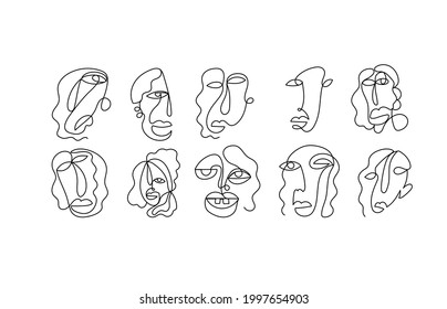 Set of contour abstract faces of people drawn by one continuous line. Vector drawing for logo, advertising, stickers