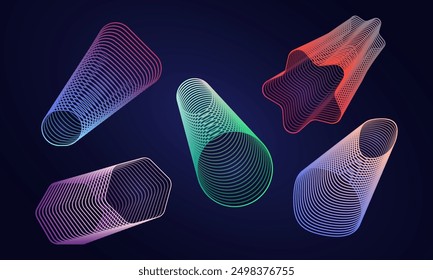 Conjunto de figuras abstractas de contorno. Colección de Formas geométricas lineales alargadas 3D. Colores degradados sobre fondo oscuro. Esquemas de forma de estrella, cono, hexágono. Malla. Aislado. Ilustración vectorial