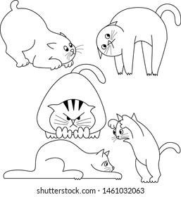 set of contour black and white illustrations - cute chubby cats playing scare