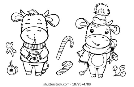 set of contour bull characters christmas holiday new year vector book coloring stroke isolate on white background animal cow cartoon icons hand drawing sketch doodle
