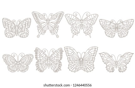 Set of contour butterflies in stained-glass style, dark contours on a white background, coloring book