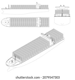 Conjunto de buques de carga de contorno con contenedores de líneas negras aislados sobre fondo blanco. Vista lateral, isométrica, superior, frontal. Ilustración del vector