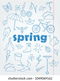Set contour cartoon of icons on a theme of spring , simple contour icons, blue  contour  icons on the clean writing-book sheet in a cage