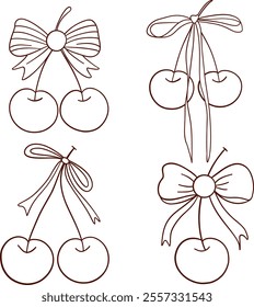 Set of contour cherries with a bow. Vector illustration.