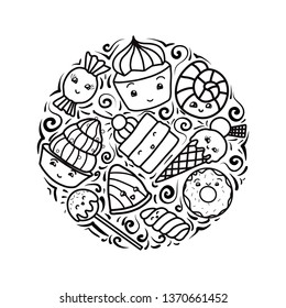 Set of contour child illustrations of cute, kawai sweets and confection. Vector elements for stickers, pins, badges and for your creativity.