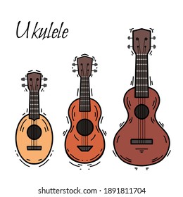 Set of contour color ukulele with decoration. Hawaiian music. Musical string instrument. Vector outline element for postcards, banners, coloring pages and your creativity