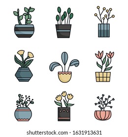 Set of contour colorful icons of home plants. Landscaping at home and office. Flowers and flowering plants. Potted greens. Vector color illustration on a white background. Isolated