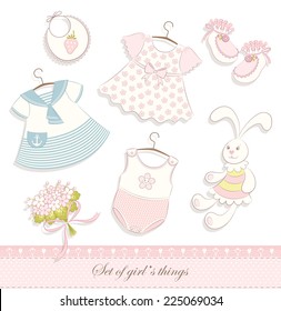 Set of contour cute baby girl`s things, toy hare and bouquet. Vector background.