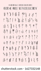 Set of contour cute flowers and twigs in a doodle style without shading and a black stroke