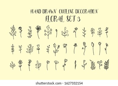 Set of contour cute flowers and twigs in a doodle style without shading and a black stroke