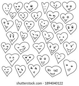 Set of contour cute hearts with smiles, positive emotive love symbols, coloring page to Valentine's day illustration
