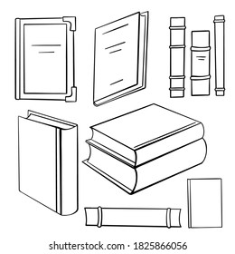 Set of contour different books in various forms. Stacks and spines of books and notebooks. Knowledge and study. Vector objects for icons, logos, coloring pages and your designs