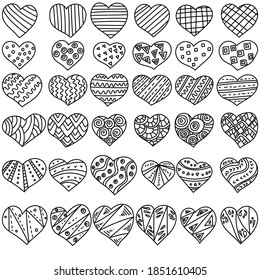 Conjunto de corazones de doodle contorno con patrones zen lineales simples, página de coloreo antiestrés con valentinas para el día de San Valentín, ilustración vectorial 