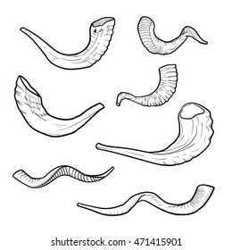 Set of contour doodle Jewish horn Rosh Hashanah. history of the tradition of Israel