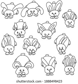 Set of contour doodle rabbits with long ears, cute Easter bunnies, coloring page for kids illustration