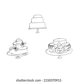 Set of contour drawing of a cake on a white isolated background. Cake, line, sketch. Coloring for children, design of postcards, menus, banners, printing on fabric, covers