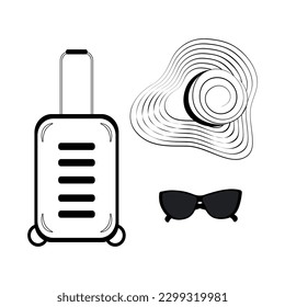 Set of contour drawing of a hat with wide brim and a strips around, sunglasses and travel suitcase