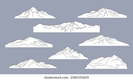 Set of contour drawing mountains, hills and icebergs. Simple black and white rocks isolated on gray background. Vector illustration of landscape elements. 